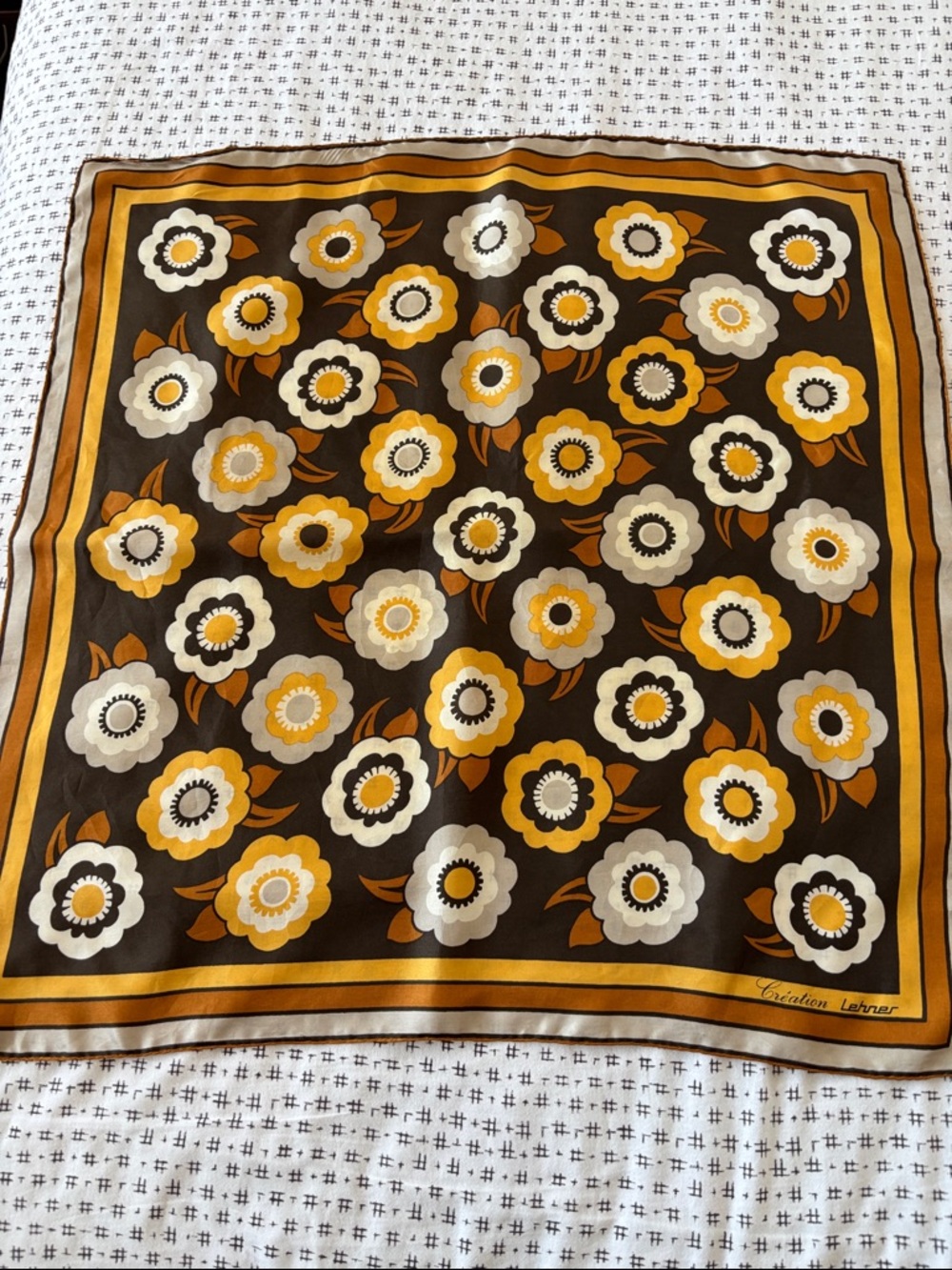 Vintage Création Lehrer scarf, gold/d.brown/tan, silk blend, 26.5x26”